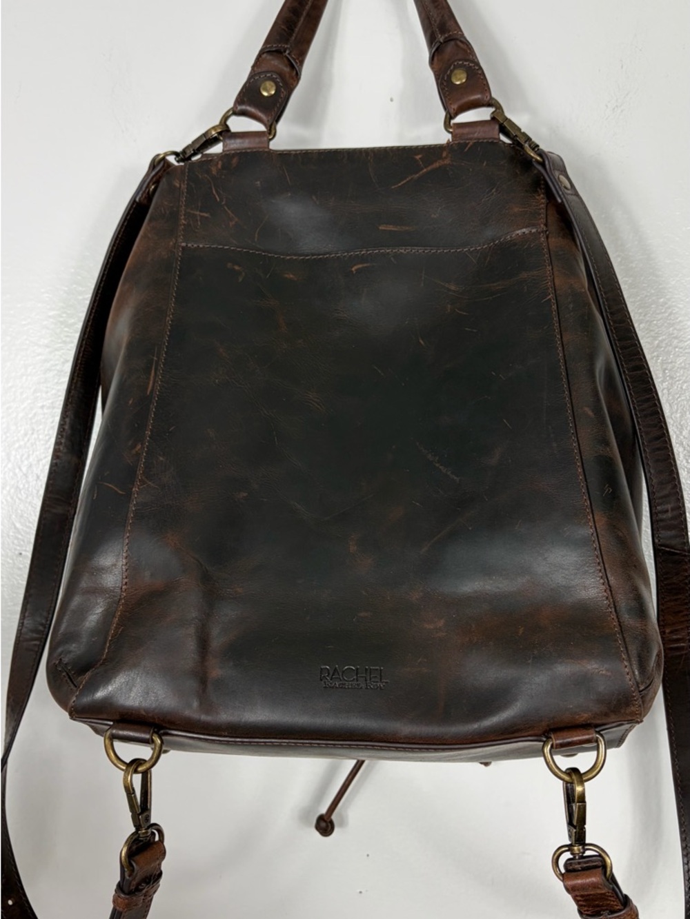 Rachel Roy Distressed Leather Drawstring Backpack Tote - Dark Brown - Picture 11 of 11